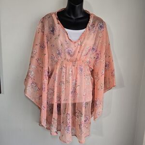 Sheer Peach Floral Boho Kimono Blouse Top One Size Fairy Whimsical Y2k